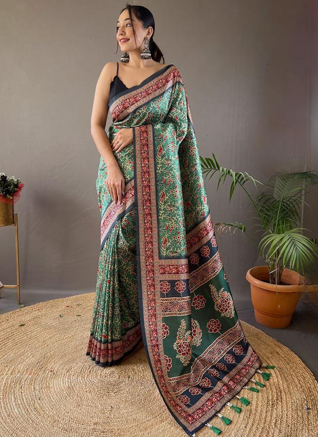 Semi Silk Green Festival Wear Digital Printed Saree
